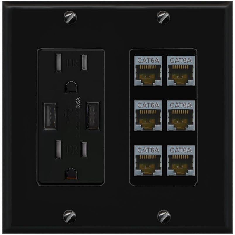 RiteAV - 6 Port Cat6A Ethernet Wall Plate - USB Outlet [White]