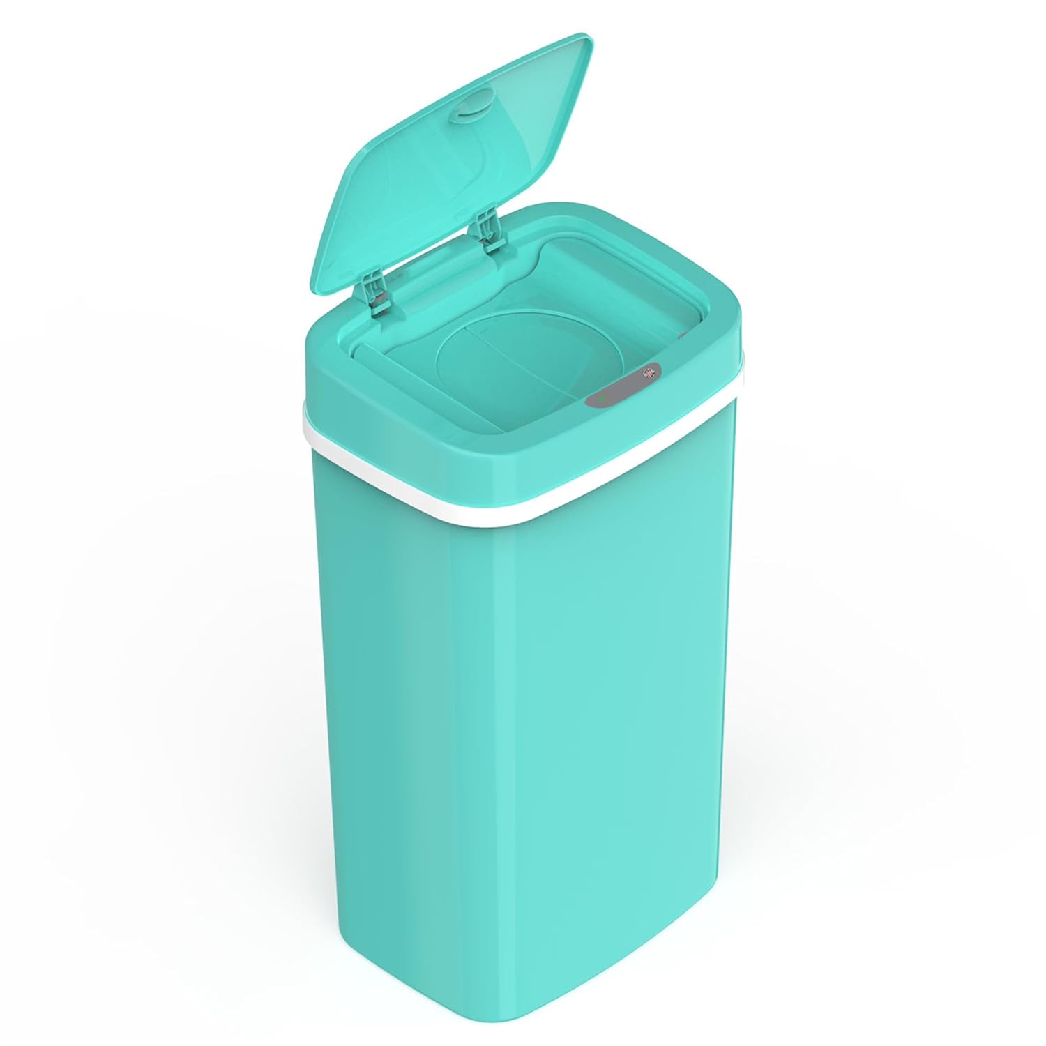 Touchless Motion Sensor Smart Trash Can Handsfree Wave Open Soft Close Low Noise Bathroom Bedroom Dual Seal Removable Inner Lid Odorless Storage Auto Shut Battery Operated Plastic For Home (Teal Blue)