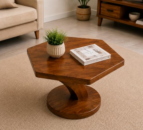 Image of Sheesham Wood Hexagon Shape Coffee Table for Living Room | Wooden Center Tea Table | Accent Table | Sofa Side Table | End Table | Honey Finish