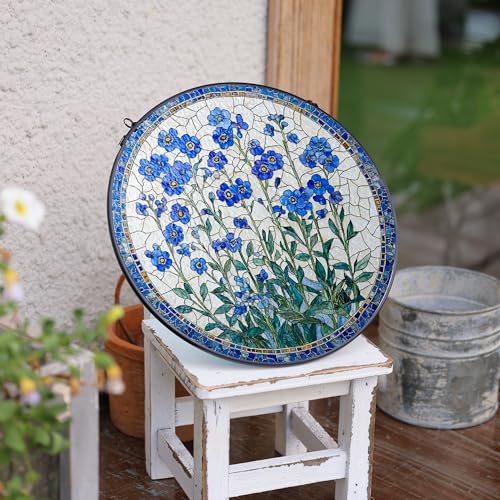 LITIVY Forget-Me-Not Flower Stained Glass Suncatcher, 7.8 Inch Handmade Blue Floral Window Hanging Decor - Garden, Home Gift for Women, Mom, Grandma (Medium)