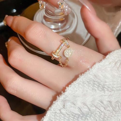 CZ Round Chain Promise Statement Ring for Women Silver Gold Plated Dainty Crystal Disc Tassel Dangle Drop Open Wrap Finger Rings Adjustable Comfort Fit Fashion Wedding Birthday Holiday Jewelry3