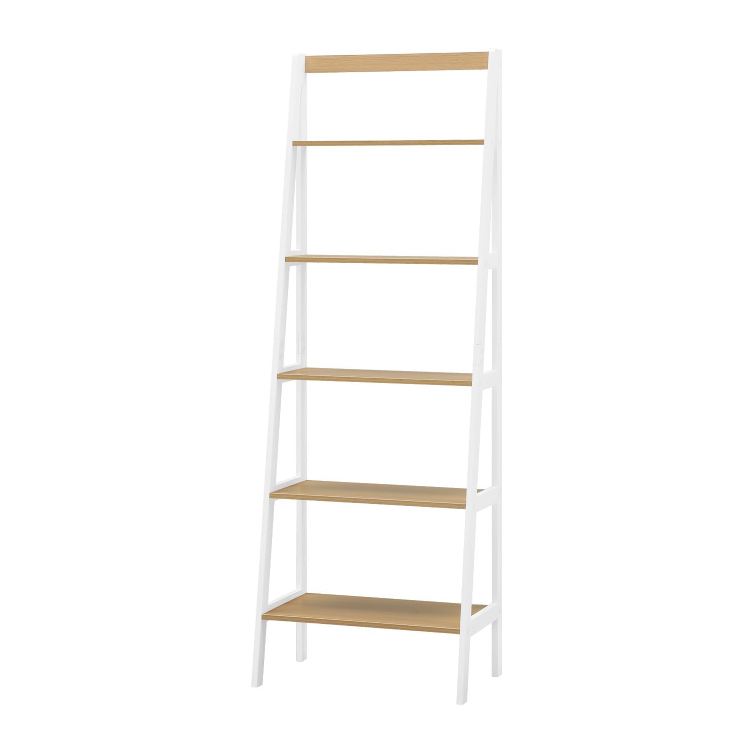 Safco Products EC8998BL Five Tier Free Standing Ladder ShelfBookcase. Home, Bedroom and Office Storage and Décor. White Supports, Natural Wood Shelves