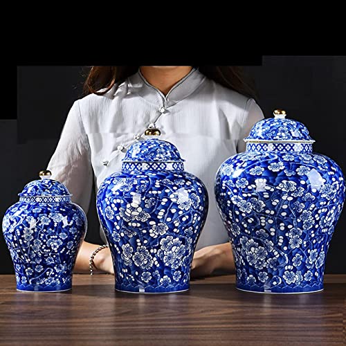 Ceramic Jars,Tea Jar,Chinese Style Storage Jars,Plum Blossom Ginger Jar With Lid Centerpiece Table Decoration Blue And White Porcelain Decorative Jars Ceramic Bud Vase Temple Jar For Home Décor,L #TOP6