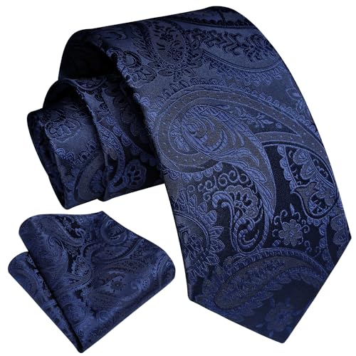 HISDERN Herren Einfarbig Dunkelblaue Krawatten und Einstecktuch Klassisch...