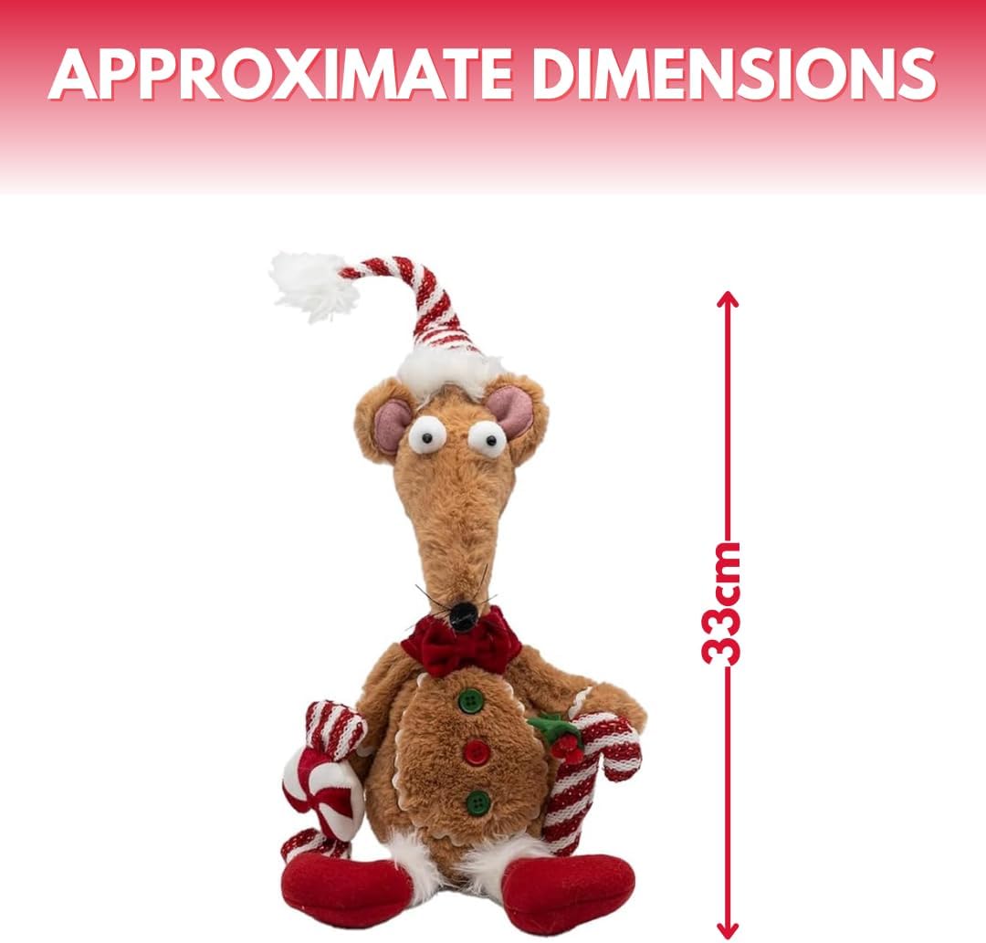 Marco Paul Gingerbread Rat Christmas Decorations - 33cm Plush Mouse Candy Cane Ornament with Santa Hat - Freestanding Gingerbread Man Ornament For Mantlepiece, Table Decoration, Gift & Centrepiece