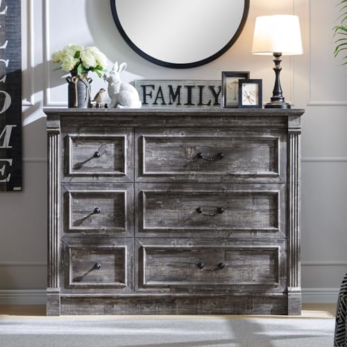 Image of Farmhouse 6 Drawers Dresser for Bedroom, 48 inch Wide Large Dressers & Chests of Drawers w /Roman Column, Storage Dressers Organizer for Bedroom, Hallway, Living Room, Light Grey