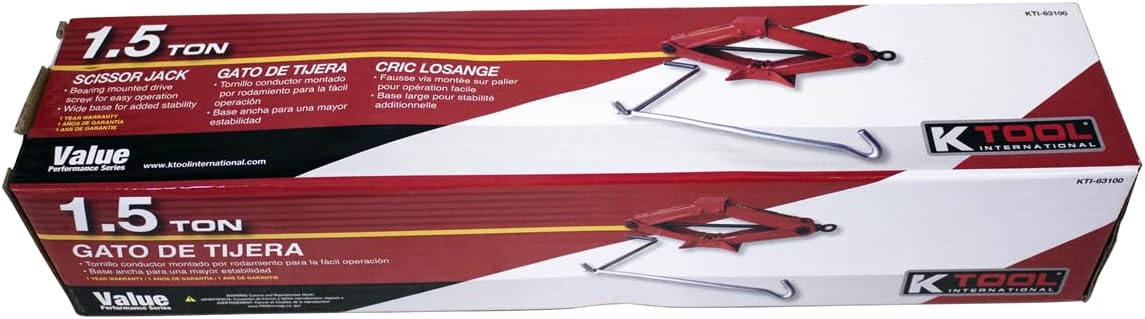 K Tool International 63100 1.5 Ton Automotive Scissor Jack for Garages, Repair Shops, and DIY, Compact, Portable, 3,000 lbs. Capacity, Lifting Range 4.1" - 15.2", Alloy Steel, Long Crank Handle, Red