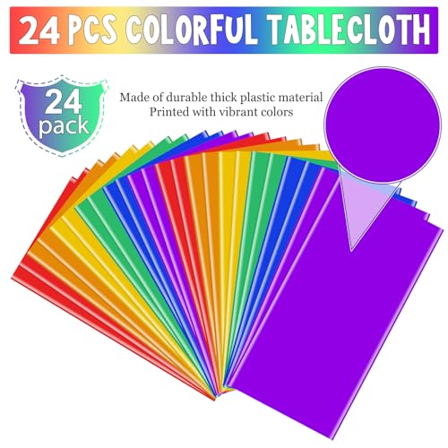 24 Pack Assorted Color Rectangle Plastic Tablecloth Disposable Rainbow Tablecloth Colorful Rectangle Table Covers for Birthday Wedding Fiesta Picnic Home Party Decorations, 54 x 108 Inch,6 Color