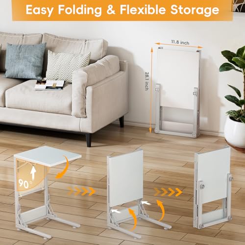 Image of Folding TV Tray Table, Small Folding Side Table with Storage Bag, Portable C Shaped End Table for Couch Sofa Bed, White