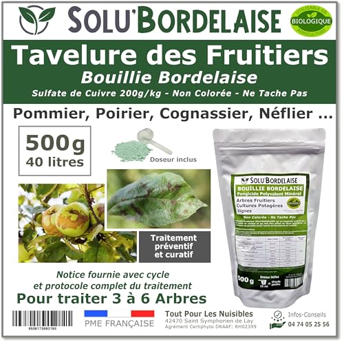 Solu'Bordelaise - Tavelure des Fruitiers - 500 g de Bouillie Bordelaise Non Colorée - Fongicide Polyvalent à base de Sulfate de Cuivre 200 g/kg - Doseur Inclus - Utilisable en Agriculture Biologique