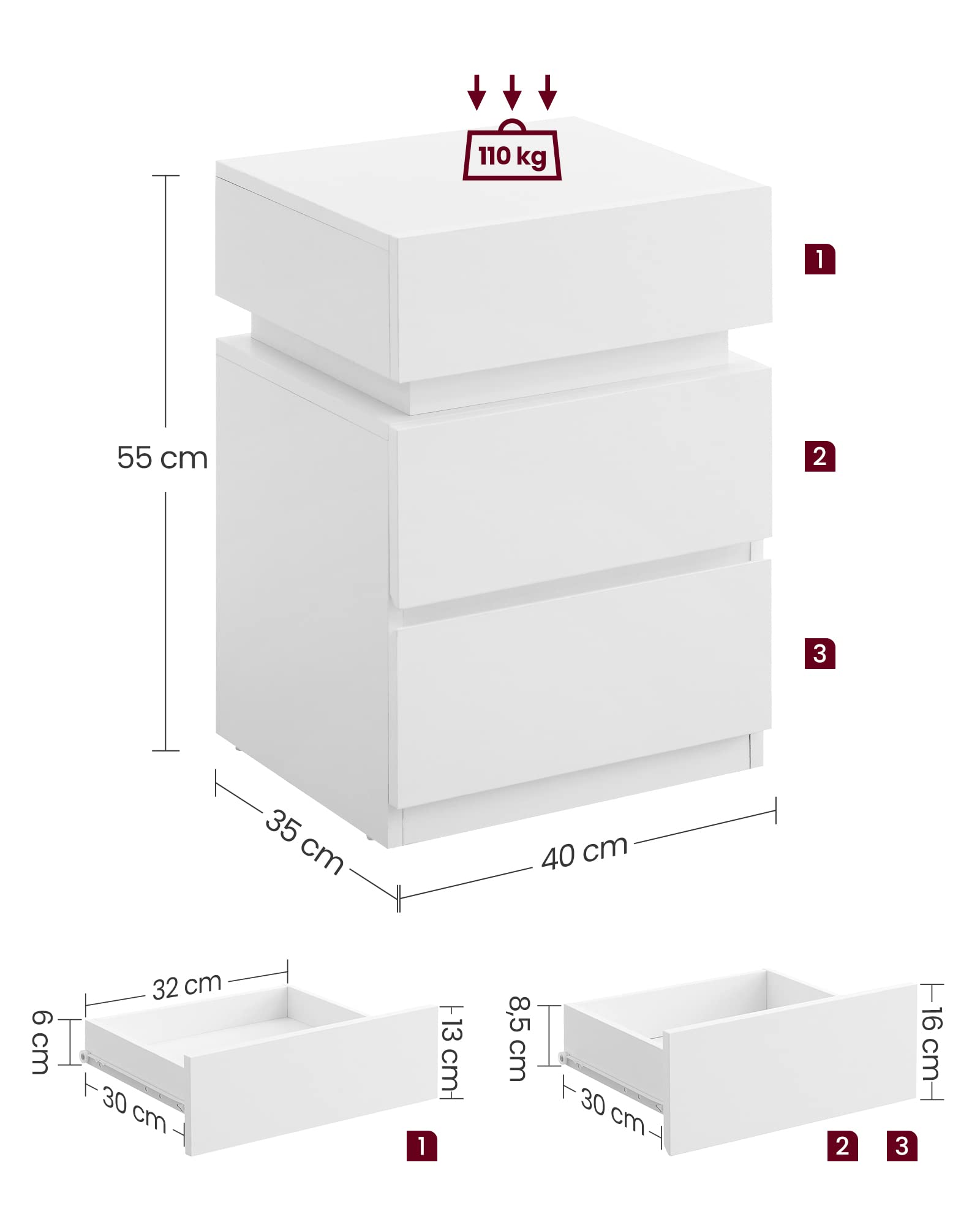 VASAGLE KAILYN Collezione - Comodino con Striscia Luminosa di Luci a LED Multicolore Variabile, 3 Cassetti, Tavolino in Stile Moderno, 35 x 40 x 55 cm, Bianco LET630T10