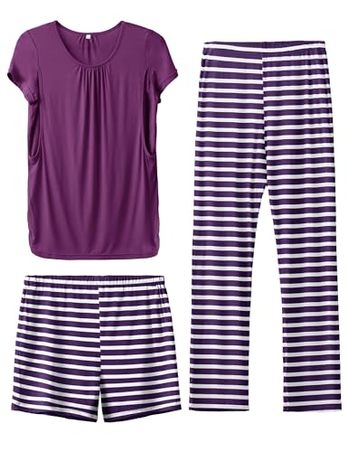 Image of SUNNYBUY Womens Maternity Nursing Pajamas Set, Short Sleeve Breastfeeding Shirts，Pregnancy Shorts & Pants 3 Piece Nursing PJS