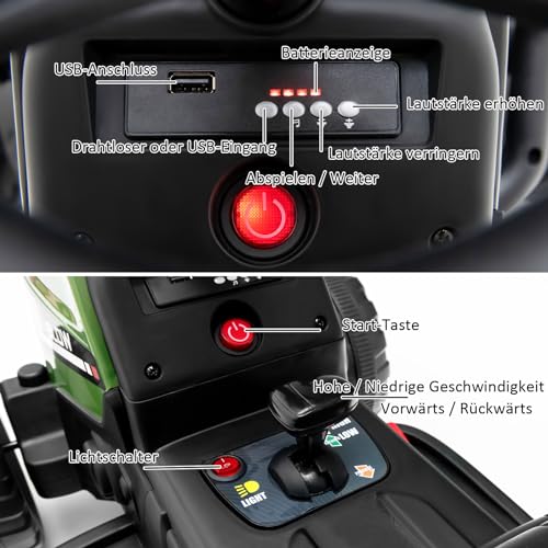 COSTWAY 12V 3-Gang Traktor mit abnehmbarem Anhänger und 2,4G Fernbedienung, Kinder Aufsitztraktor mit LED Lichtern, Musik, Hupe & USB Funktionen, geeignet für Kinder ab 3 Jahren (Dunkelgrün) – Bild 8