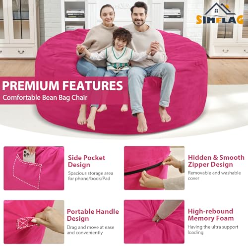 6FT Bean Bag Chair, Large Bean Bag Chairs with Memory Foam Filled, Fluffy Beanbag Sofa with Dutch Velvet Cover, Round BeanBag Chairs for Living Room, Playroom - Pink