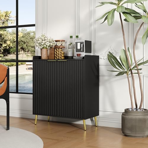 COCO DESIGN Modern Wine Bar Cabinet with Fluted Door, Glass