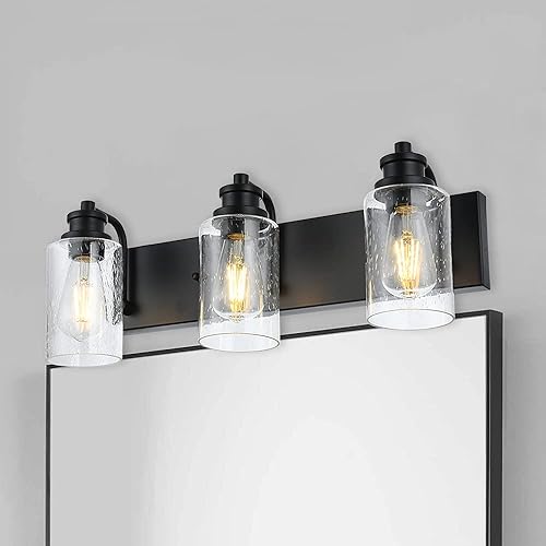 Miniatura 2 de VINLUZ 3 luces negras para tocador sobre espejo con pantalla de vidrio semillado, lámpara industrial de montaje en pared, iluminación de baño de