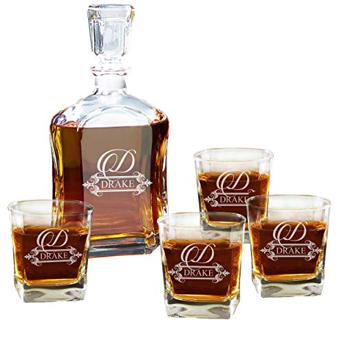 Personalized 5 pc Whiskey Decanter Set - Decanter and 4 Glasses Gift Set - Custom Engraved with Fancy Design