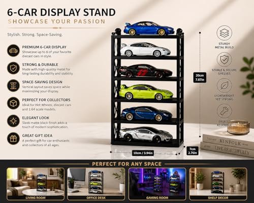 Image of 5-Car Display Rack - Premium Matte Black Tabletop Organizer with Tire Slots & Side Guards for 1:64 Scale Diecast Cars (Hot Wheels, Matchbox, Tomica,)(NO CAR INCLUDED)(Black)