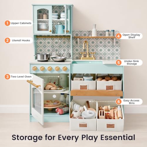 Image of Tiny Land Wooden Play Kitchen for Kids with Toy Storage for Pretend Play