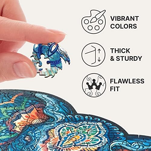 UNIDRAGON Original Wooden Jigsaw Puzzle - Eternal Elephant, 102 pcs, Small 9.6"x7.4", Unique Animal Shaped Puzzle Box, Birthday Gift Idea for Kids, Adults, Girls, Boys, Family Game and Hobby