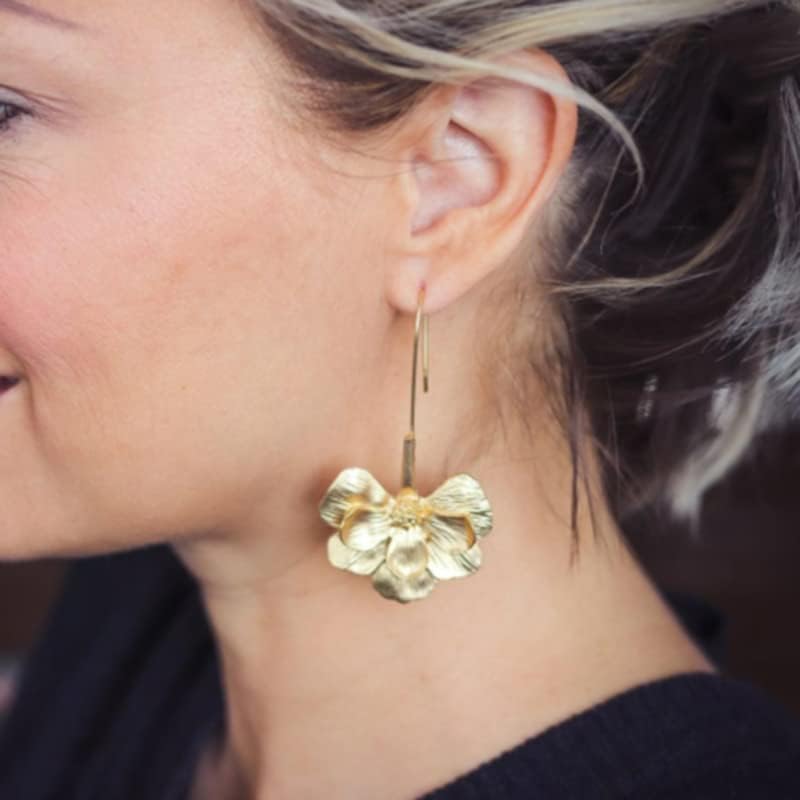 Flower Dangle Earrings for Women Unisex,Statement 14K Gold Plated Hawaiian Floral Earrings, Fashion Large Petals Earrings for,Cute Trendy Boho Vintage Vacation Golden Jewelry(dangle gold) - Image 4