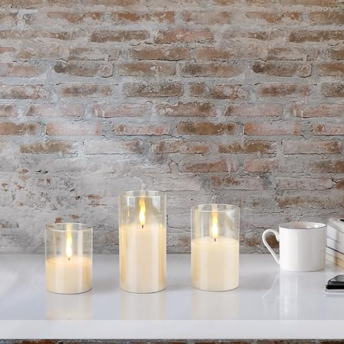 Image of Stonebriar Set of 3 LED Pillar in Amber Luster Glass Hurricane
