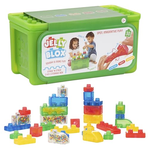Image of Jelly Blox Stash 'N Stack 2-in-1 Storage Case with 30 Blocks | Toddler & Preschool Building Blocks Kids Can Squeeze & Stretch | MESH ACCREDITED | Safety Tested & Ouch-Free | Sensory Play Toy Ages 2+