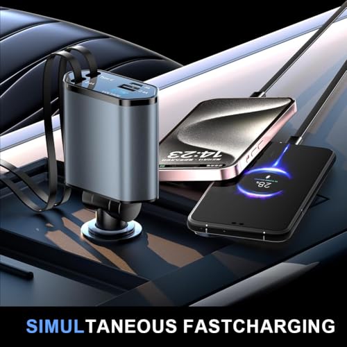 Image of STHIRA Retractable Car Charger Type C 120W 4 Ports Adapter Voltage Display USB Fast Charging Car Charger Fast Charging 120W