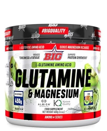 BIG Glutamine - Glutamina con Magnesio - Glutamina Kyowa en Polvo – Recuperación Muscular con pH Regulator® y Digezyme® Multi-Enzyme para Mejor Asimilación – Sublingual, 450g, Sabor Kiwi