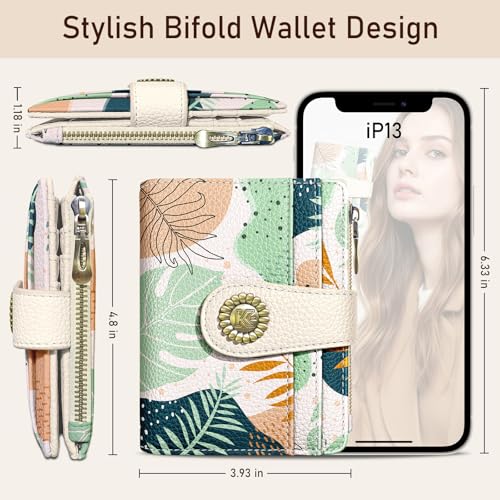 Image of Kelvoris Boho Leafs Abstract Art Small Rfid Women Wallet Bifold Zipper Coin Pocket PU Leather Compact Cash Credit Card Holder Travel Wallet for Female Ladies Teen Girls 1 ID Window 10 Card Slots