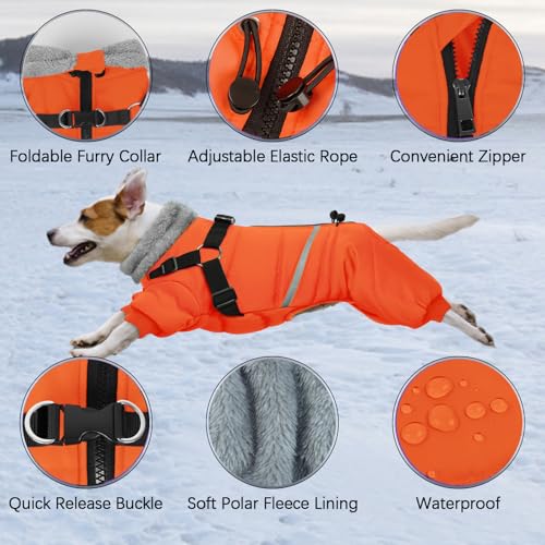 Image of BRKURLEG Small Dog Winter Coat with Harness Built in, Orange Winter Dogs Jackets, Fullbody Dog Coat, Dogs Snowsuits Reflective Windproof Cold Weather Coats, Pet Warm Fleece Coats, XL