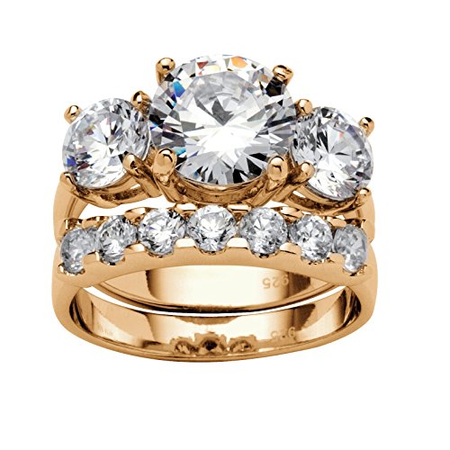 14K Yellow Gold over Sterling Silver Round Cubic Zirconia 2 Piece 3 Stone Bridal Ring Set Size 7
