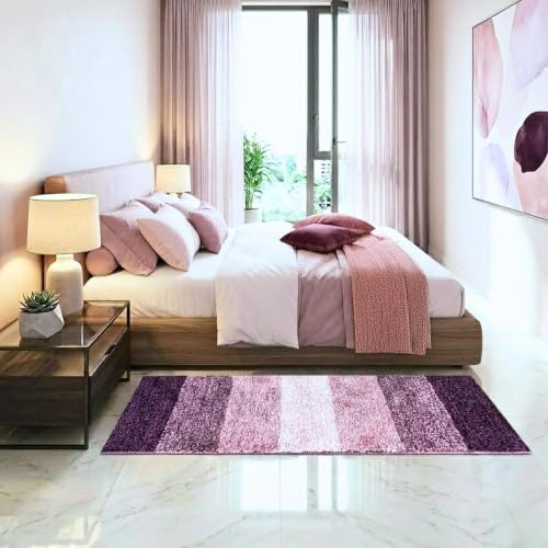 Image of Pano Textured Striped Runner Rug 45x130 cm | Anti-Skid, Super Soft & Ultra Absorbent Floor Runner | Quick Dry & Washable Runner for Bathroom, Kitchen, Bedroom & Living Room, Purple