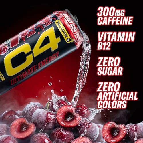 Image of C4 Ultimate Energy Drink, 300mg Caffeine, Zero Sugar, High-Performance Energy for Pre-Workout, Endurance, and Focus, Cherry Bomb Frost, 16oz (Pack of 12)