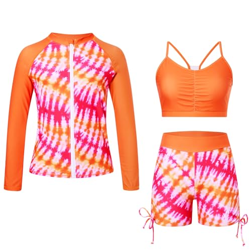 Image of Funnycokid Girls Swimsuit 3 Pieces Zip Rash Guard Bathing Suits Set Kids Bikini Boyshort Summer Swimwear 3-14 Years