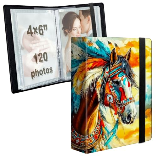 Image of Photo Album 4x6 120 Photos with Strong Elastic Band, Horse | Large Capacity Premium Leather Picture Album, Portable Wallet Albums Photo Book for Family Anniversaries Wedding Baby
