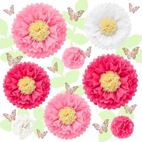 Haooryx Hot-Pink Tissue Paper Flower with 3D Butterfly Olive Leaves