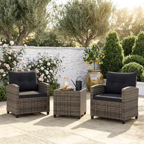 Image of Tangkula 3 Piece Patio Furniture Set, Rattan Conversation Set w /Soft Seat & Back Cushions, Tempered Glass Topped Coffee Table, Cushioned Wicker Seating Set for Backyard, Porch, Poolside