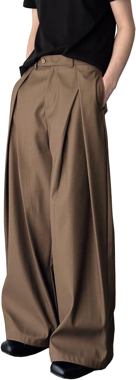 THWEI Men's Baggy Wide Leg Pants Zipper Fly Pleated Trousers Casual Dress Pants with Pocket - Image 3