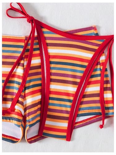GORGLITTER Women's Striped Triangle Bikini Sets High Waisted String Thong Bathing Suit with Cover Up Shorts 3 Piece4