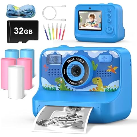 Instant Print Camera for Kids Age 3-12 Girls Boys 1080P HD Digital Video Cameras with 5 Print Paper & 32G Card Toddler Portable Travel Toys Camera for Christmas Birthday Gifts Cover