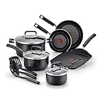 T-fal Signature Nonstick Cookware Set 12 Piece, Oven Broiler Safe 350F, Pots and Pans, Kitchen Cooking Set w/Fry Pans, Saucepans, Saute Pan, Dutch Oven, Griddle, Kitchen, Home, Dishwasher Safe, Black