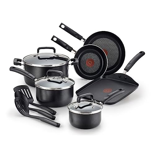 T-fal Signature Nonstick Cookware Set 12 Piece, Oven Broiler Safe 350F, Pots and Pans, Kitchen Cooking Set w/ Fry Pans, Saucepans, Saute Pan, Dutch Oven, Griddle, Kitchen, Home, Dishwasher Safe, Black