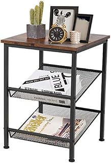 CASART. 3 Tier Side Table with Adjustable Mesh Shelves, Metal Frame Narrow Nightstand, Industrial Bedside End Table for Living Room Bedroom Office