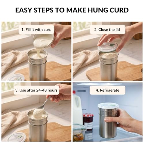 Image of Nestasia Hung Curd Maker Stainless Steel (1000 ml) - 100% Food-Safe Homemade Greek Yogurt Maker | BPA-Free Food Strainer with Airtight Steam-Vent Lid Storage Container