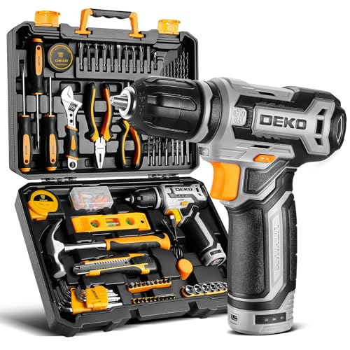 DEKO Caja de Herramientas Completa de 133 Piezas, Gris – Incluye Taladro Atornillador Eléctrico de 12V, Kit Multiusos de Herramientas Domésticas de Bricolaje para Oficinas y Jardín