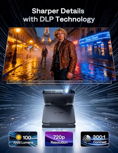 Image of Aurzen ZIP Tri-Fold DLP Pocket Mini Projector, 1.5-Hour Playtime, Grey