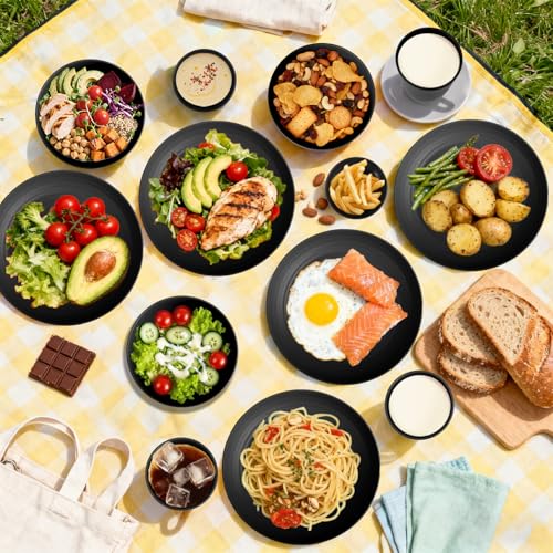 Image of Wheat Straw Dinnerware Sets 16 PCS, Unbreakable Kids Plates and Bowls for 4-9 IN Plates, 26 OZ Cereal Bowls, 2 OZ Dipping Bowl, 12 OZ Cups, Dishwasher & Microwave Safe Plate Set - Black