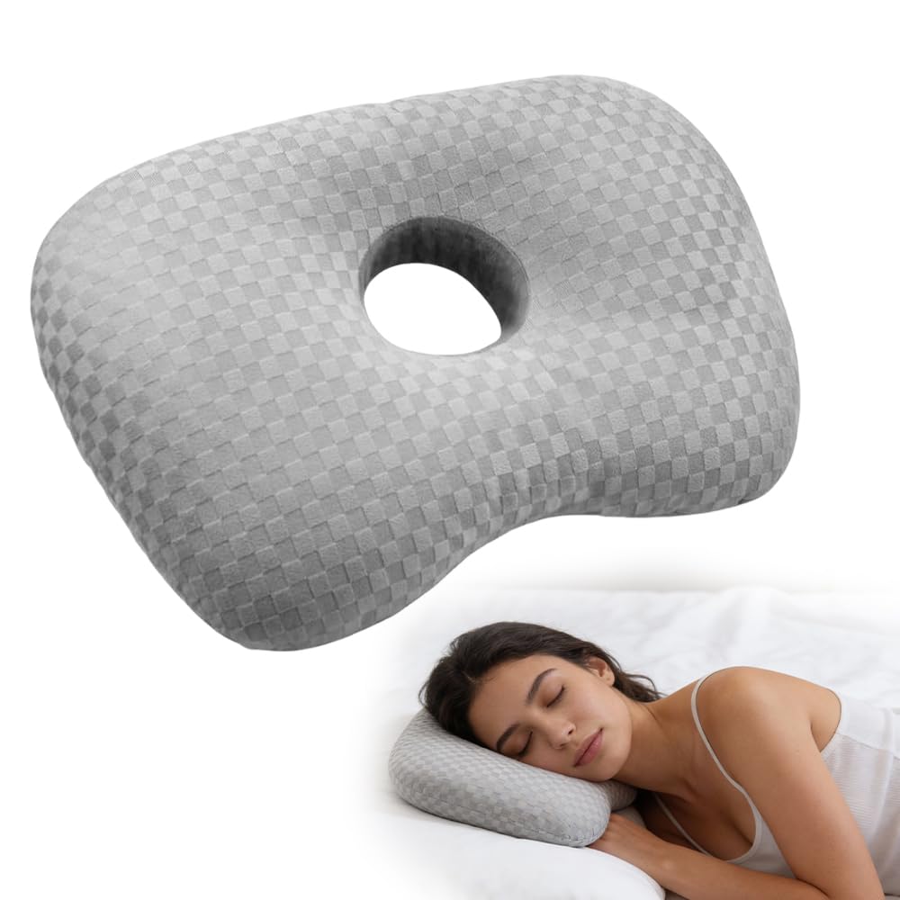 Wxeadu Gray Piercing Pillow, Ear Piercing Pillow, Adjustable Earring Guard Inflammation, Washable Perforated Ear Pillows With Hole For Cnh And Ear Pain Side Sleepers, Avoid Earpain From Pressing (Gray)