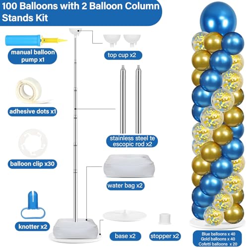 Image of 2 Sets Navy Blue and Gold Balloon Column Stand Kit with 100 Balloons Adjustable Balloon Tower Stand with Bases for Floor Navy Blue Gold Balloon Column Kit for Graduations Summer Birthday Party Decor